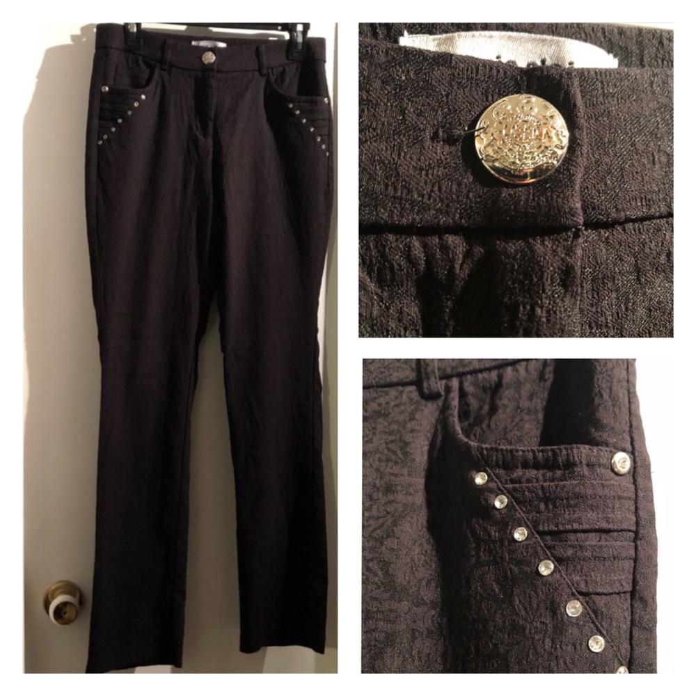 Marie Claire  Black Textured Patterned Stretch Rhinestone Straight Pants!!! Sz 7